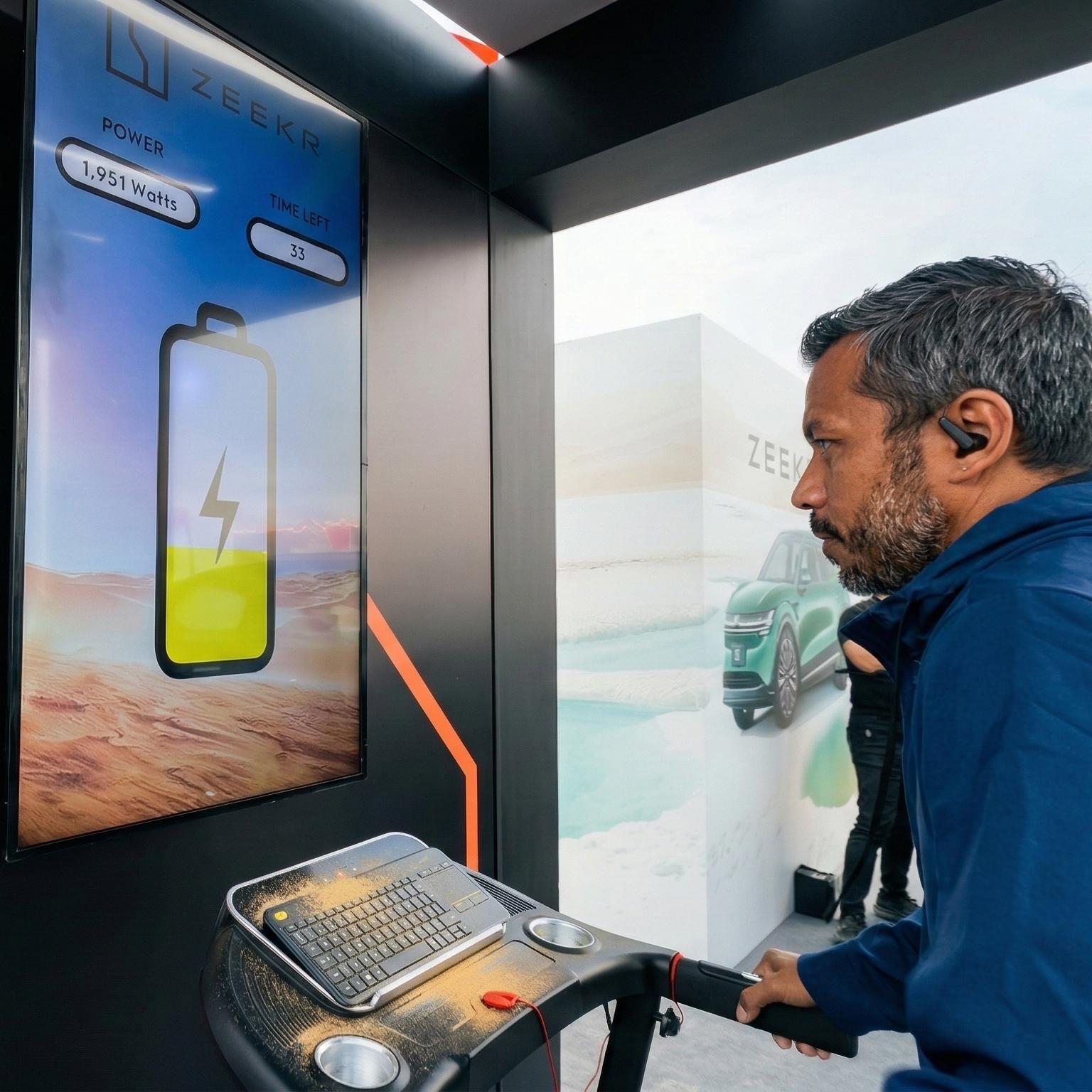 Interactive Treadmill Activation in Dubai: Participants generating human power to recharge EV cars